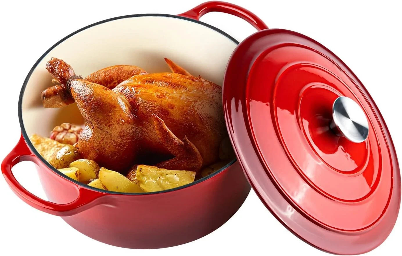 Red Enameled Cast Iron Dutch Oven Self-Basting