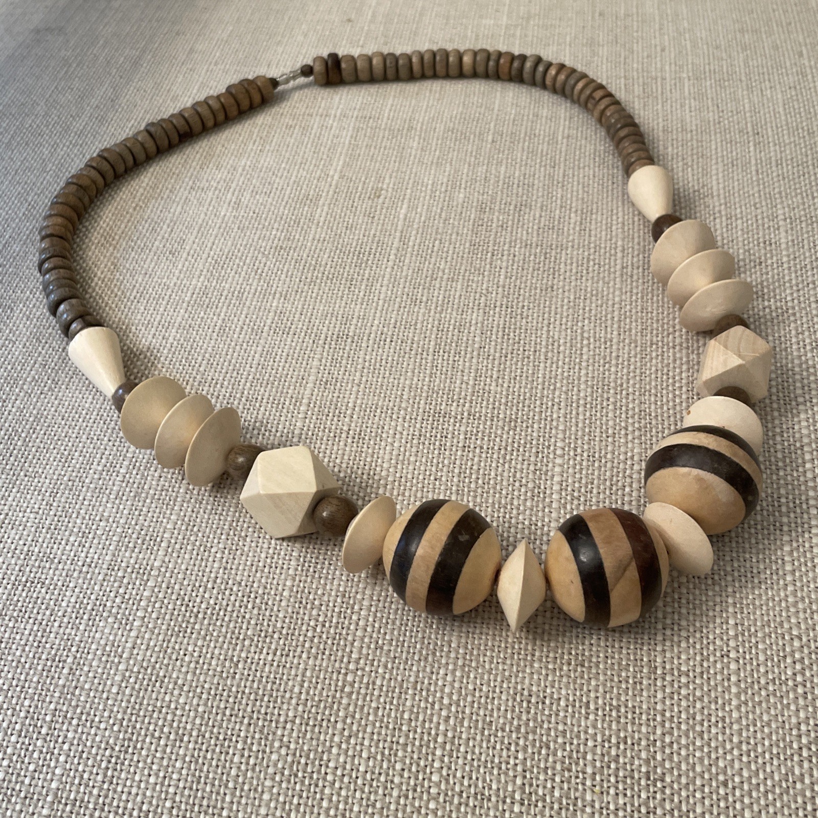 Vintage Abstract Shaped Wooden Beaded Necklace Barrel Closure Geometric Boho