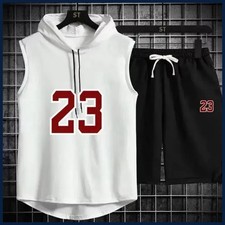 Summer New Men's Sleeveless Hooded T-shirt shorts pants Sports two-piece set gym