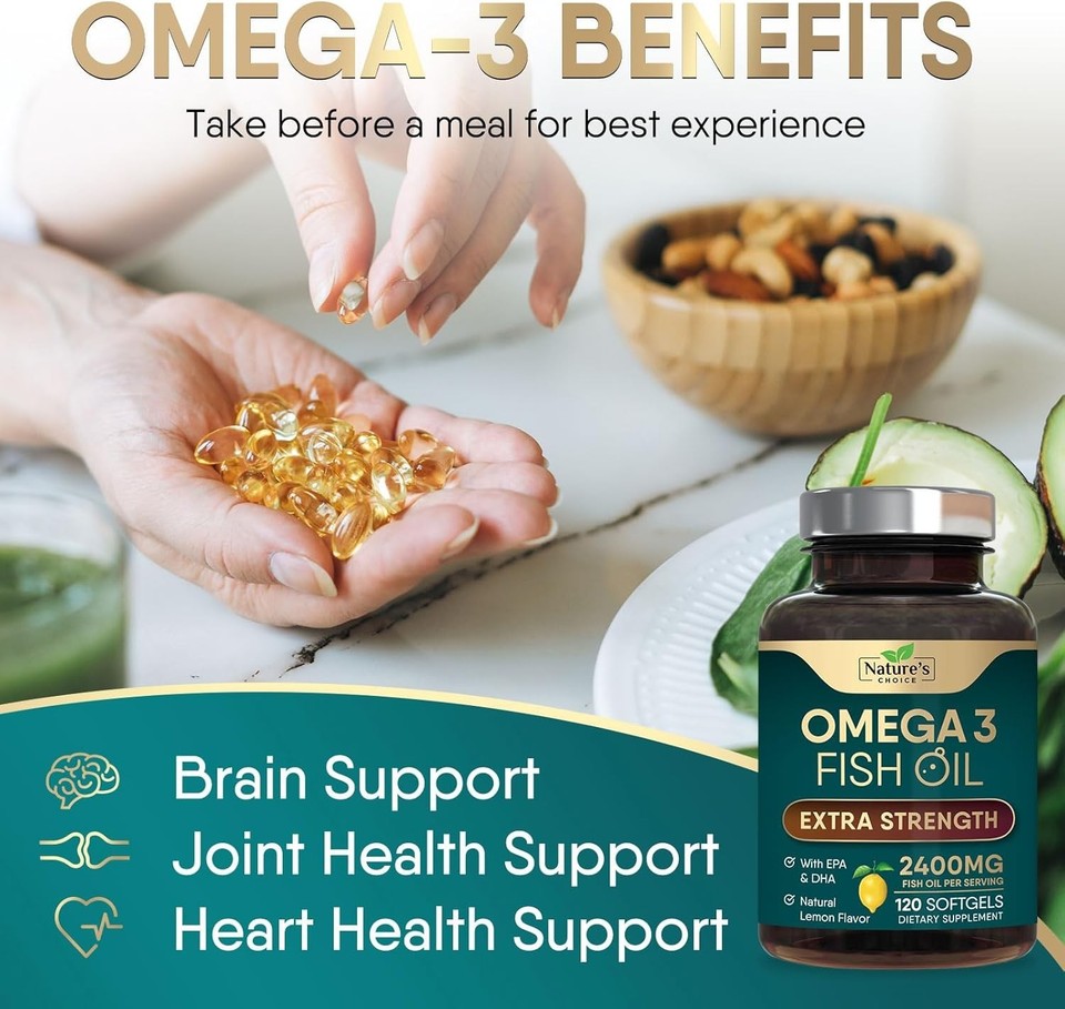 Triple Strength Omega 3 Fish Oil Supplement 2400 mg - EPA & DHA Fish ...