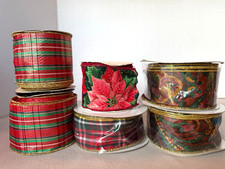 Lot of 6 christmas wired ribbon rolls Red Plaid, Poinsettia, Gold Scroll. 50 yds