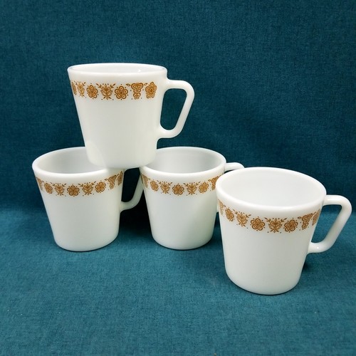 Set Of 4 Vintage Pyrex Butterfly Gold Milk Glass D Handle Coffee Mugs 3.5"