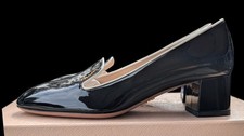 PRADA Vernice Bicolor Patent Leather Heeled Loafers Pumps Black Cream 35.5 - 5.5