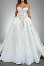 White Lace Appliques Strapless Wedding Dress Floor-Length Sleeveless Ball Gown