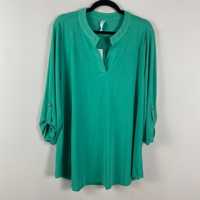 Dear Scarlett Lizzie Blouse Size XL Tunic Stretch Split Neck Solid Green