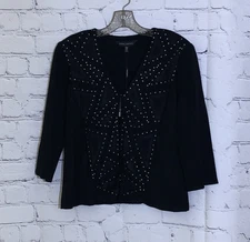 Ming Wang Knit Cardigan  Petite Medium Black Geometric Stud Open Front Jacket