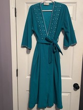 Vintage Evelyn Pearson Teal Green Full Length Robe W/ Pockets Tie Belt M L
