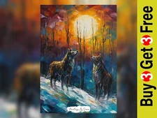 Vivid Wolves and Moon Impasto Painting Print 5"x7" on Matte Paper