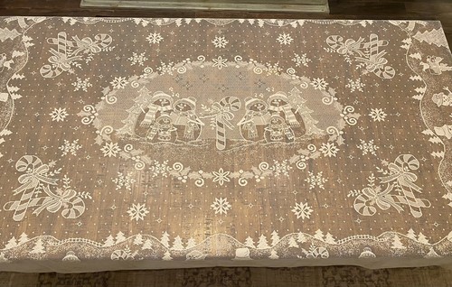 Mantel de encaje blanco navideño vintage 59” x 87” muñeco de nieve familia bastones de caramelo - Imagen 1 de 13