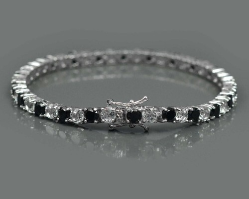 Schwarz Spinell & Weiß Topas Tennis Armband 925 Sterlingsilber Unisex Armband - Bild 3 von 6