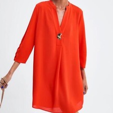 NEW Zara Orange VNeck Mini Dress with Gold Tone Art Deco Button Size Small