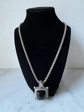 VINTAGE PD CROWN MARK STAMPED SILVER 28” CHAIN 1.25" BLACK STONE PENDANT