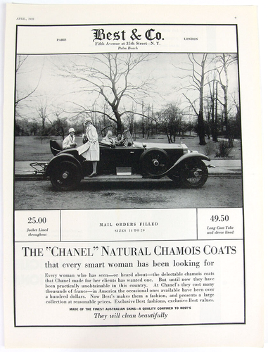 Vintage 1928 Roaring '20s Ad Flapper Rumble Seat BEST & CO. Chamois Coat Hepplewhite
