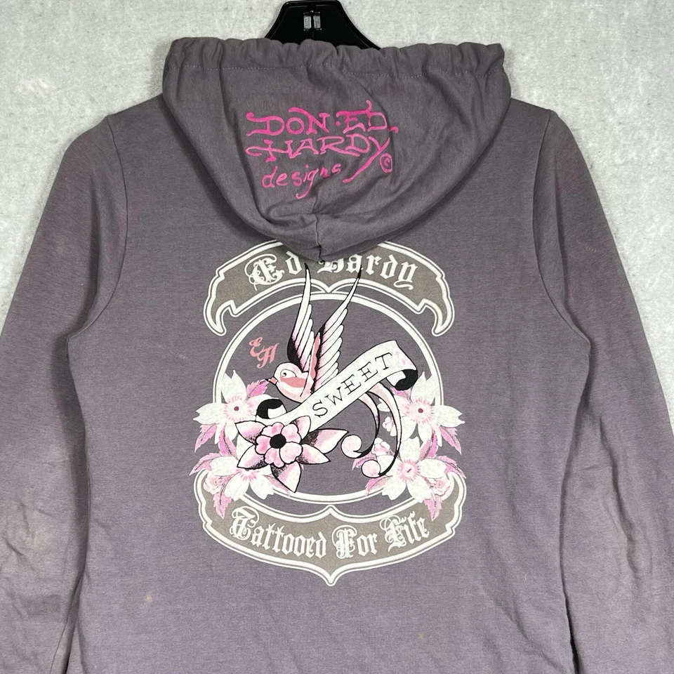 De Colección Ed Hardy Sudadera con Capucha Cremallera Completa Gris Mujer Mediana Tatuaje Diosa Japonesa Bratz Y2K Foto 2 de 4