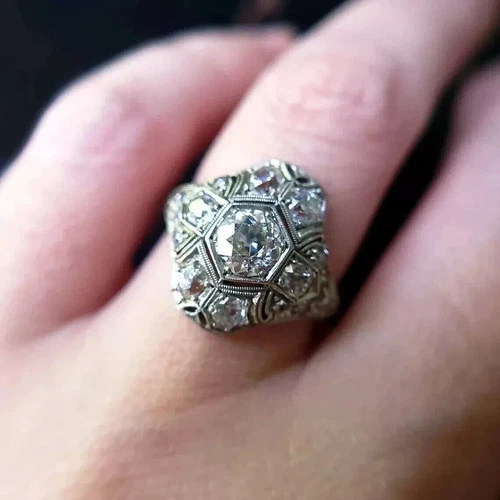 Vintage Art Deco Style Lab Created Diamond Engagement 14k White Gold Plated Ring