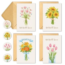 Get Well Soon Cards with Envelopes, Set of 24 (4 Unique Designs) 4"x6", Get W...