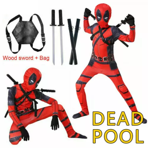 Kids Deadpool Cosplay Costume Boys Superhero Jumpsuit Book Week Party Outfits - Picture 1 of 26
