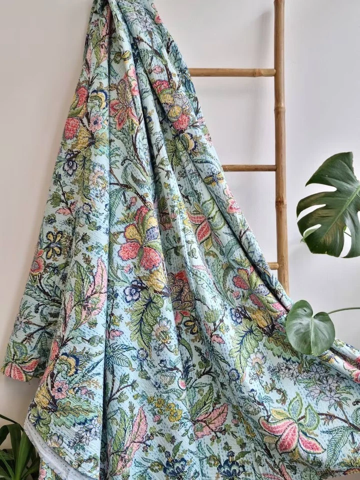 Sky Butterfly Print Indian Kantha Quilt Twin Cotton Blanket Vintage Bedspread US - Image 4 of 4