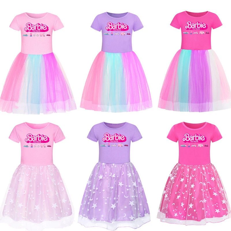 New Barbie Girls Rainbow Princess Dress Party Fancy Dresses Kids Birthday  Gift