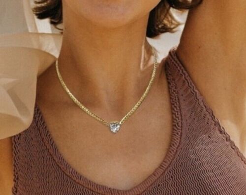 18K Gold Plated Cuban Chain Heart Necklace Stainless Steel Unisex Mens Womens