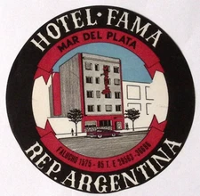 Hotel Fama Mar del Plaza Argentina Exterior View Vintage 4.25" Luggage Label