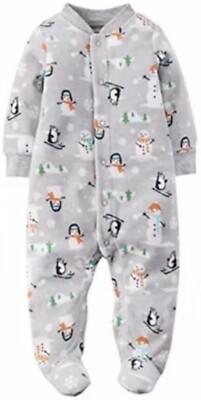 Boys Fleece Footie Footed Snap up Snowman Penguin One Piece Pajamas Sleep n Play