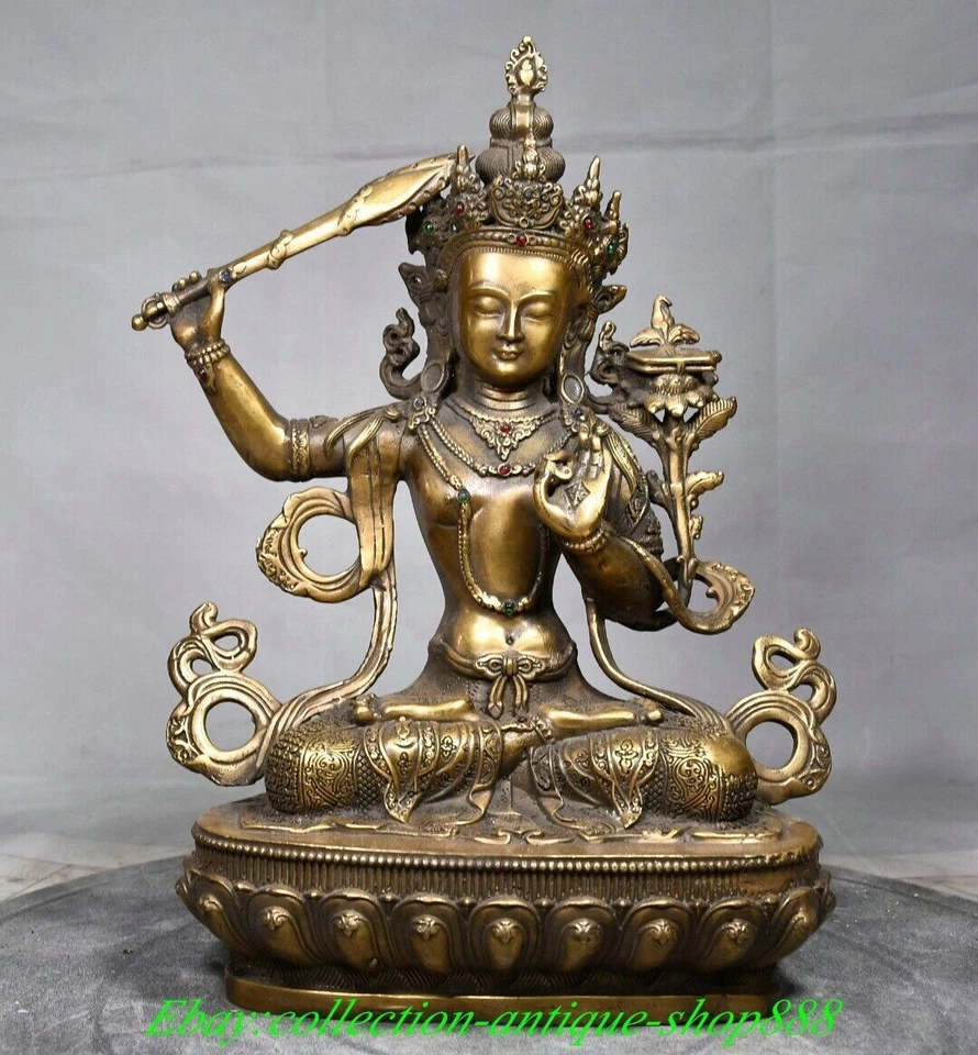 12" Antiguo Tíbet Cobre Dorado Gemas Wenshu Manjushri Boddhisattva Buda Espada Estatua Foto 3 de 4