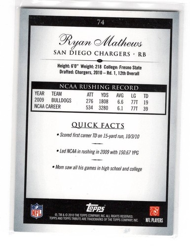 2010 Topps Tribute - Black Parallel #67/75 - Ryan Mathews #74 - Rookie - Bild 2 von 2