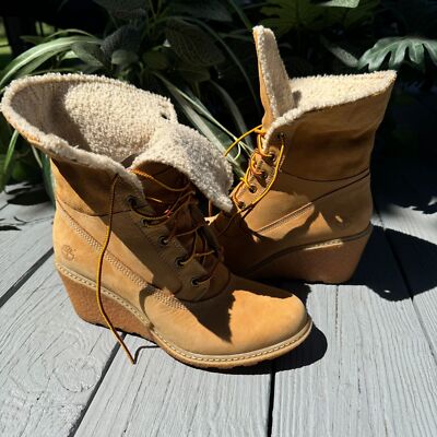 Timberland Amston Earthkeeper Beige Suede Wedge Shearling Boots Warm  Weather