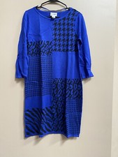 Kate & Mallory 3/4 Sleeve Knit Sweater Dress Cobalt Blue Houndstooth Animal  M