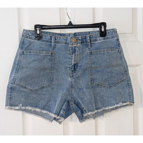 JEANS Denim Shorts High Waist Frayed Hem Pockets Casual Summer Light Wash L NWT