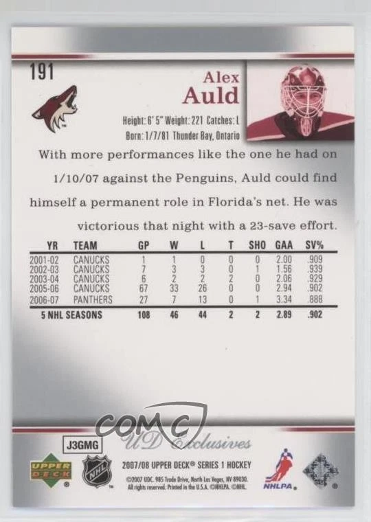 2007-08 Upper Deck UD Exclusives /100 Alex Auld #191 - Image 2 of 2