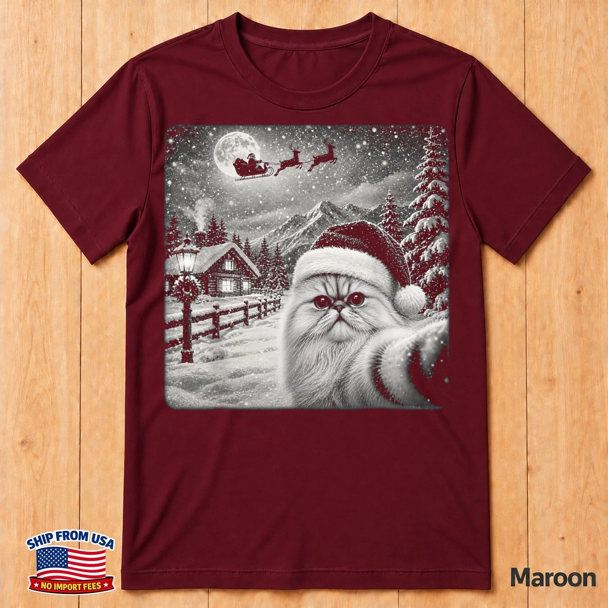 Starry Moon Night Santa Sleigh Persian Cat Christmas Xmas T-shirt image 5