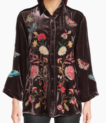 Johnny Was Small Floral Embroidered Velvet Kimono Sleeve Blouse Coffee Bean NWT