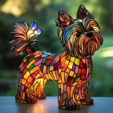 Yorkshire Terrier Lamp, Dog Series Art Night Light, Hand Painted Stained Resi...