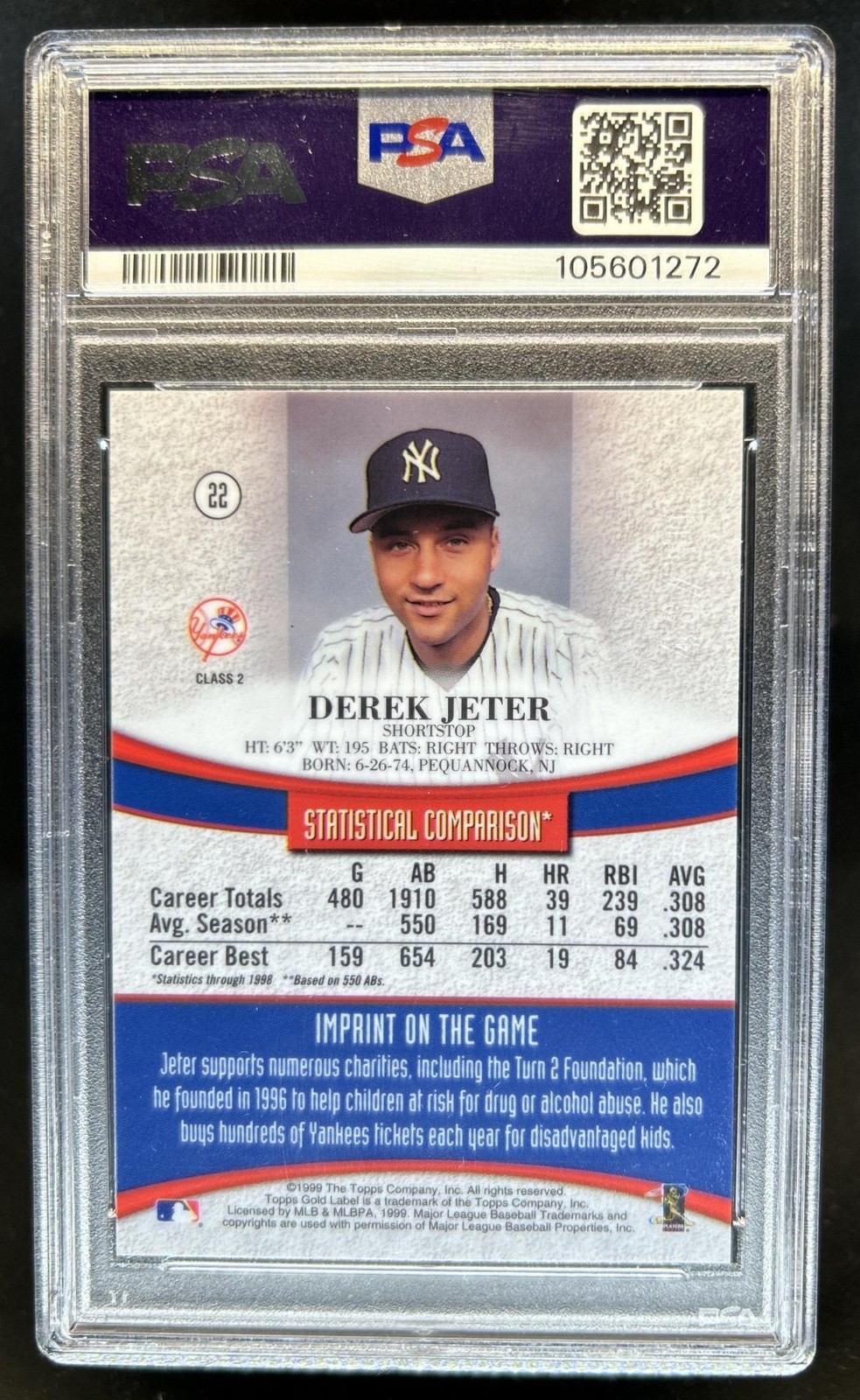 1999 Topps Gold Label Derek Jeter Class 2 Red #/50 New York Yankees PSA 9 view 2
