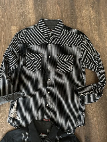 2 Fender Rock N Roll Religion Black Embroidered Long Sleeve Shirt Mens L Gothic - Picture 2 of 12