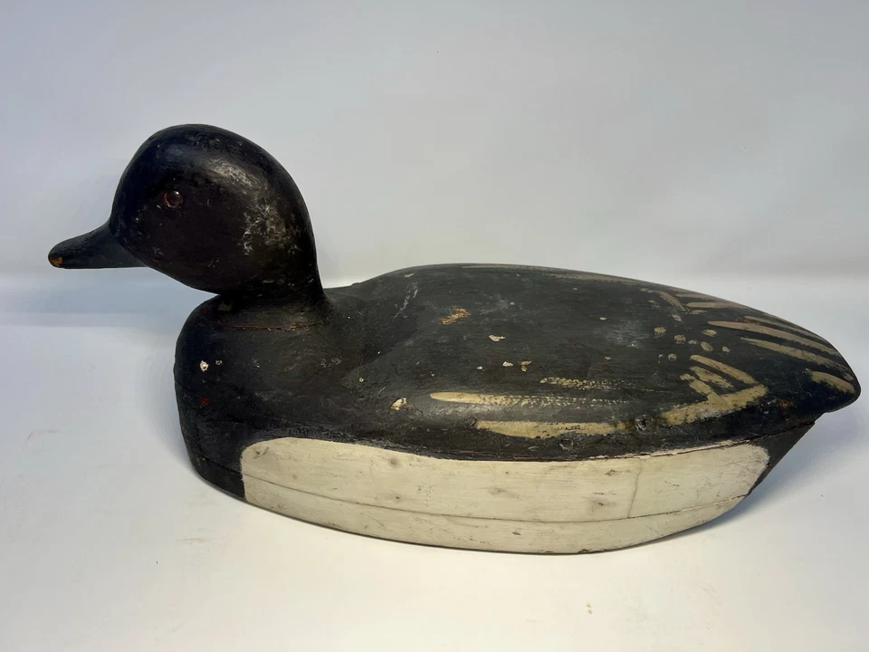 Señuelo de pato Long Island Bluebill años 1890 madera tallada antigua Drake pintura original Foto 3 de 4