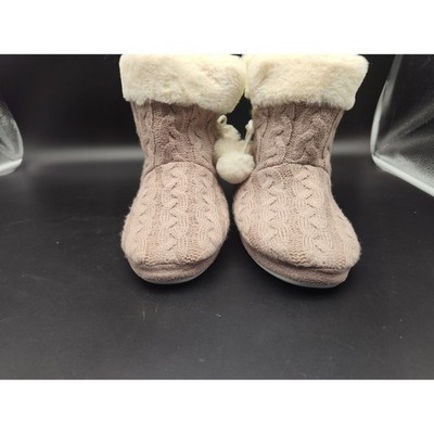 Addison Meadow Cable Knit Slipper Bootie Socks Fuzzy Lined Pom Poms Women s MD