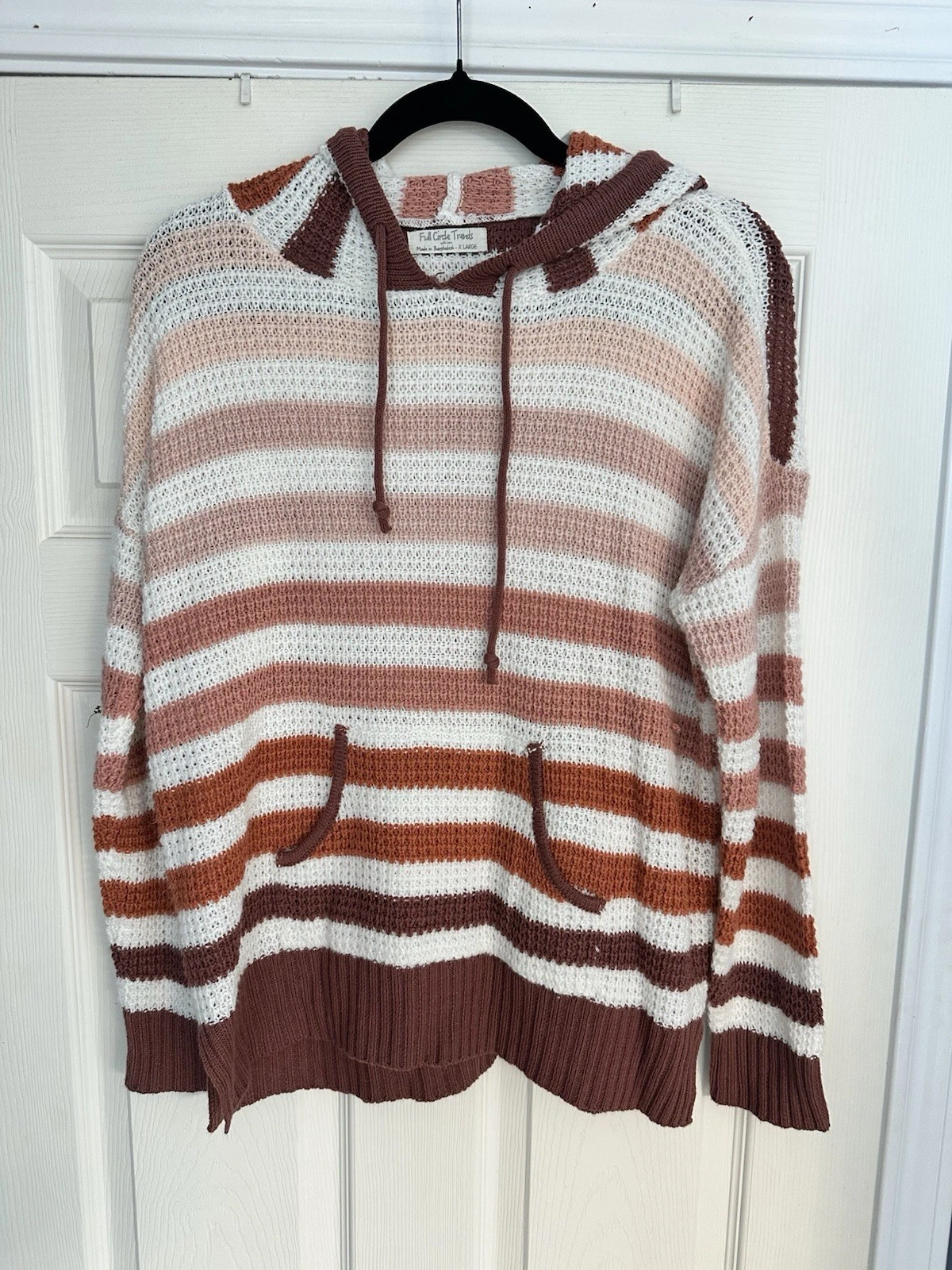 Full Circle Trends Striped Knit Hoodie Womens XL Rust Cream Lightweight Sweater
