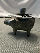 Metal Pig Candleholder Rustic With Green Finish