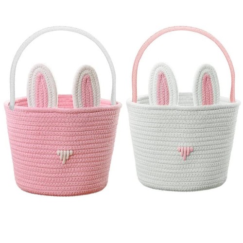 Easter Basket for Girls, 2Pcs Pink Bunny Woven Cotton Rope Basket with Easter...