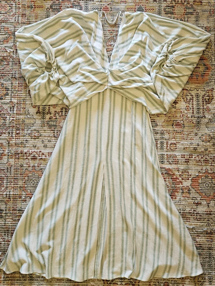 Vestido maxi ASOS EDITION gola V drapeado mistura de linho listra verde tamanho 10 - Imagem 2 de 4