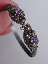 Vintage Chinese Silver Hallmarked Dueling Dragons Bangle With Amethysts