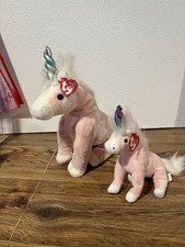 Ty Beanie Baby & Ty Buddy CHARMER set of 2 UNICORNS. Iridescent colored horn. 