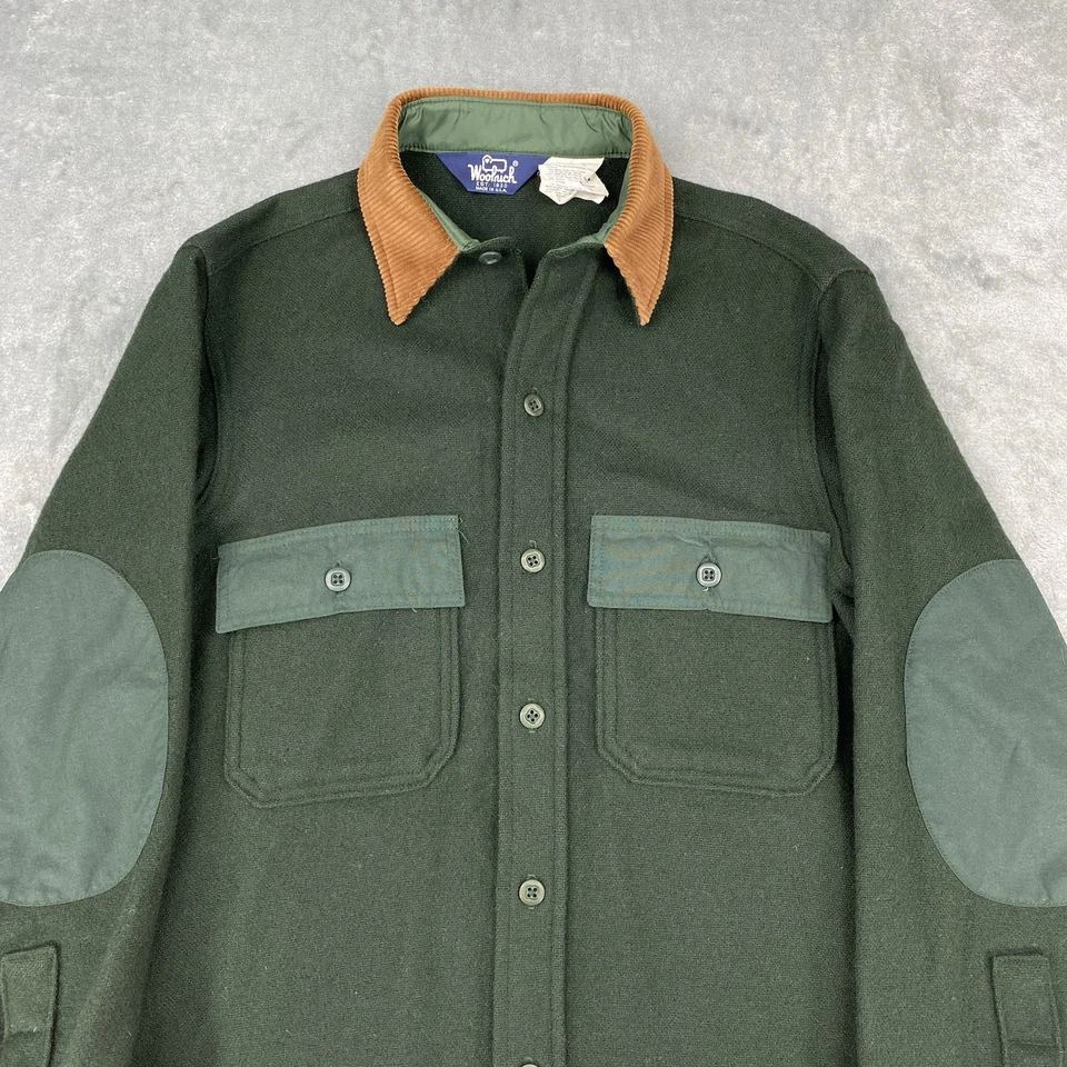 Vtg Woolrich Shirt Mens Small Green Wool Corduroy Collar Field Elbow Patches 70s - Image 4 of 4