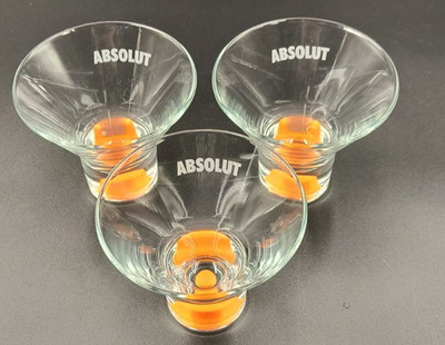 Set Of Three Absolut Vodka Martini Glasses. Orange Bottom.