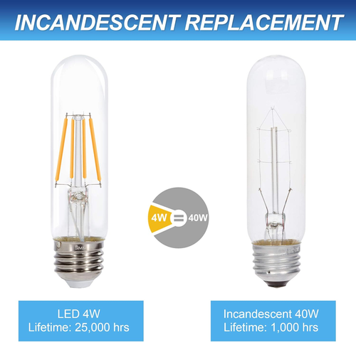 LED T10 Tubular Edison Filament Light Bulbs (3 Pack) 4W Dimmable 40W Equivalent - Picture 4 of 9