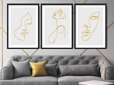 Elegant Gold Effect Line Art - Set of 3 Female Faces Modern Art Prints