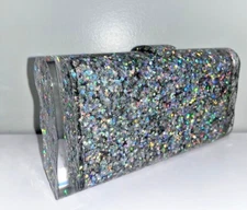 EDIE PARKER STAR GLITTER ACRYLIC CLUTCH, SILVER RAINBOW